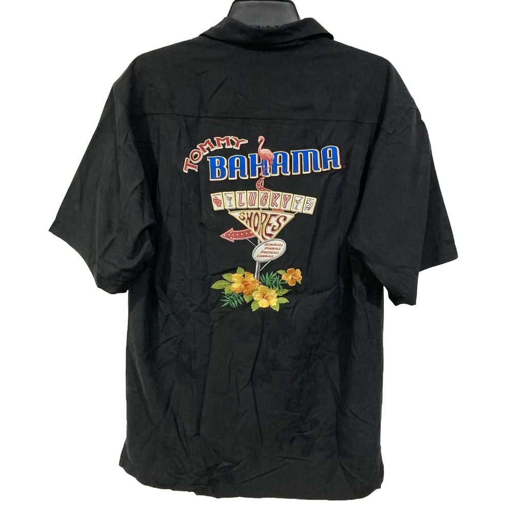 Tommy Bahama Black Lucky‎ Shores Embroidered Back Silk Hawaiian Camp Shirt LARGE